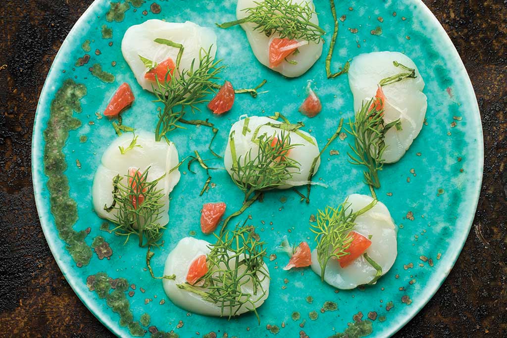 Hokkaido Scallops with Pink Grapefruit, Basil, and Pickled Ginger at Rhoda