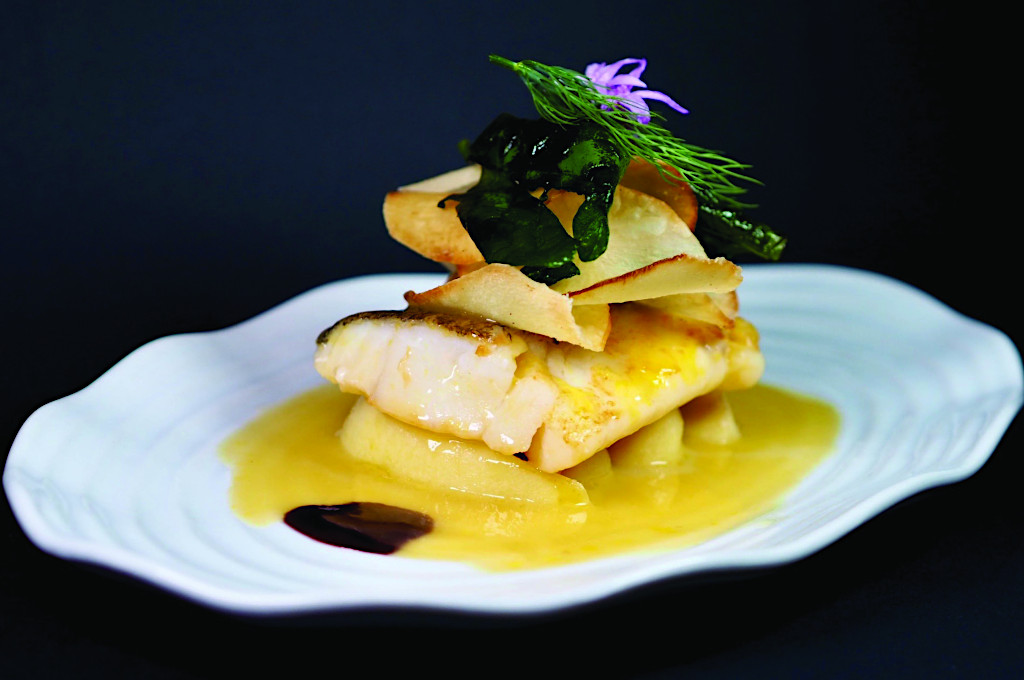 Codfish in Blood Orange Sauce, Apple, Spinach and Yuca Chips at Viana, Barcelona, Spain Restaurants