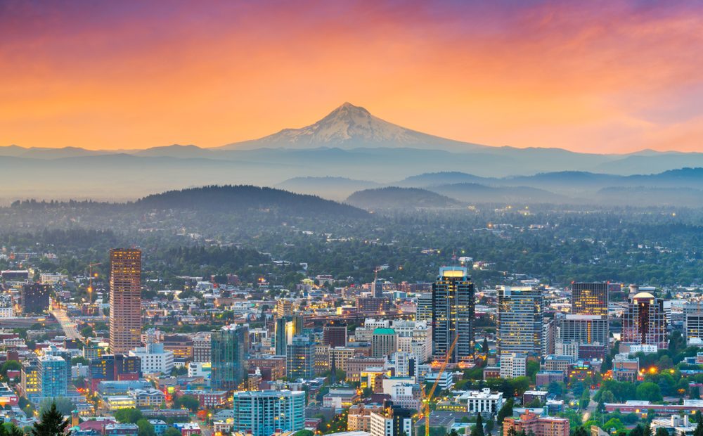 Portland skyline at sunset