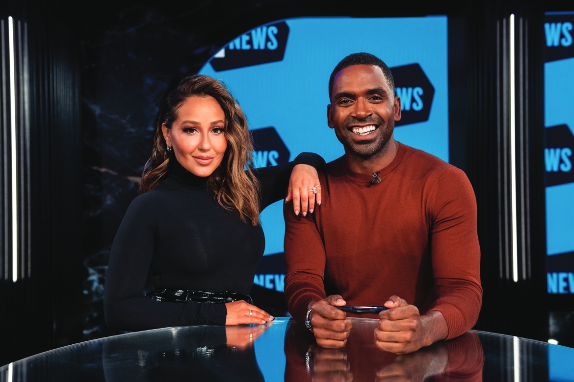 Adrienne Bailon-Houghton andJustin Sylvester on the Set of E! (Photo by NBCU E!)