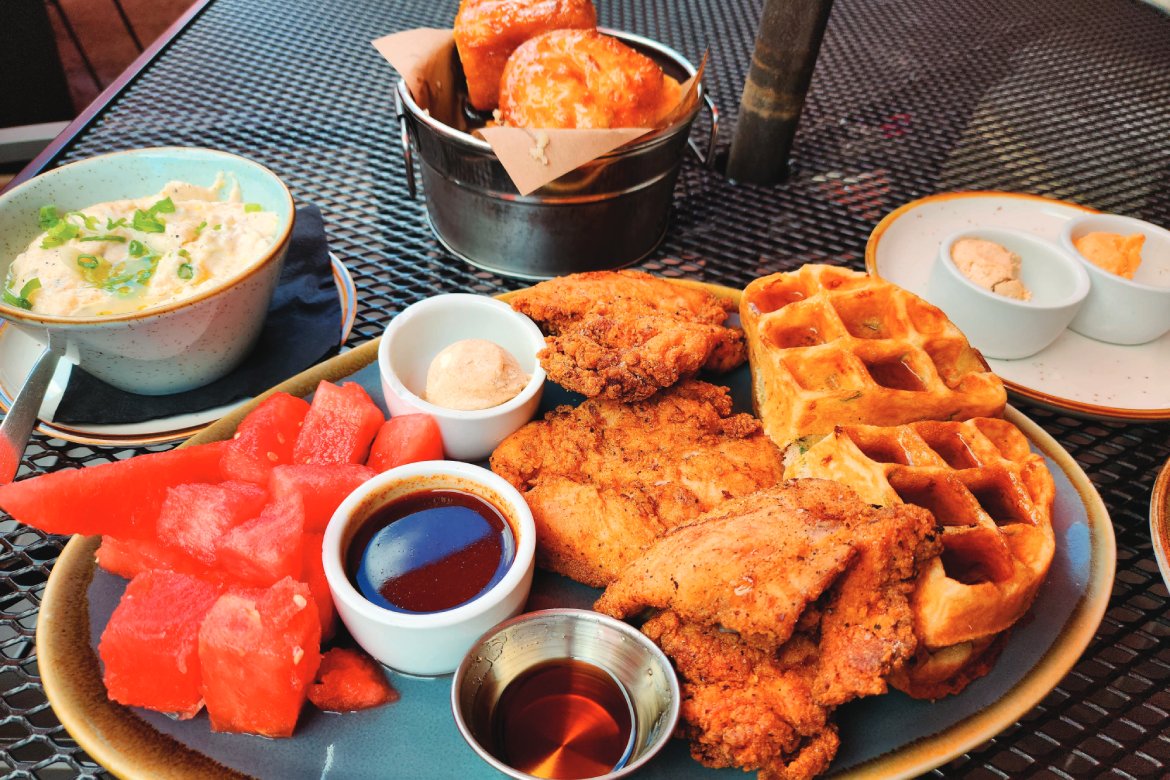 Fried Chicken With Cheddar-Bourbon Waffles at Buttermilk & Bourbon (Photo courtesy of Buttermilk & Bourbon)